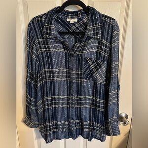 Style & Co Sparkle Stitching Collared Boxy Button Down Shirt, Blue & Black, PXL